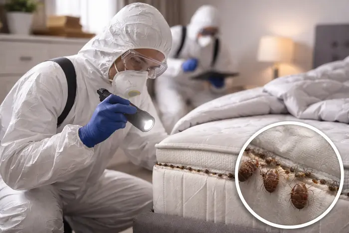 Inspección de chinches en colchón con lupa por técnico profesional