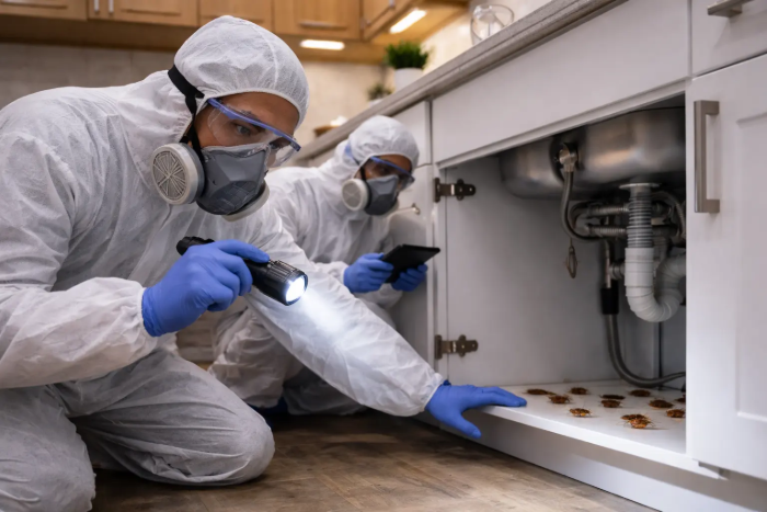 Inspección profesional para detectar cucarachas en cocina o baño